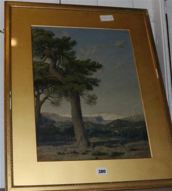 J. Comtini (?), watercolour of trees and snow bound hill